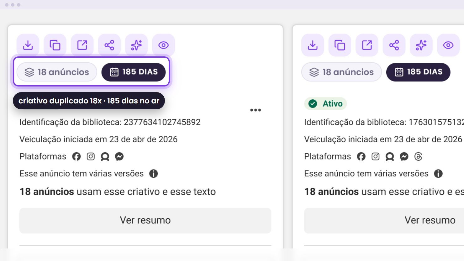 Card de anúncio com os selos da Ozza: 18 anúncios com o mesmo criativo e 185 dias no ar