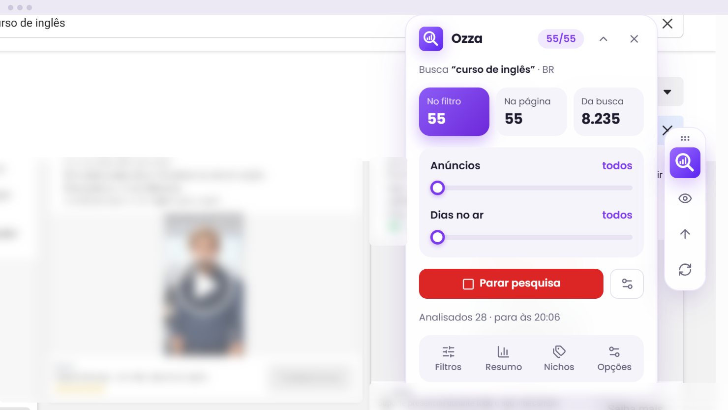 Painel da Ozza com a pesquisa automática em andamento